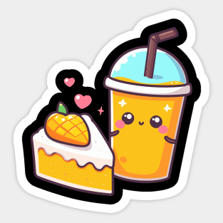 Cute Kawaii Illustration of a Mango Milkshake and a Mango Cake | Kawaii Food Sticker